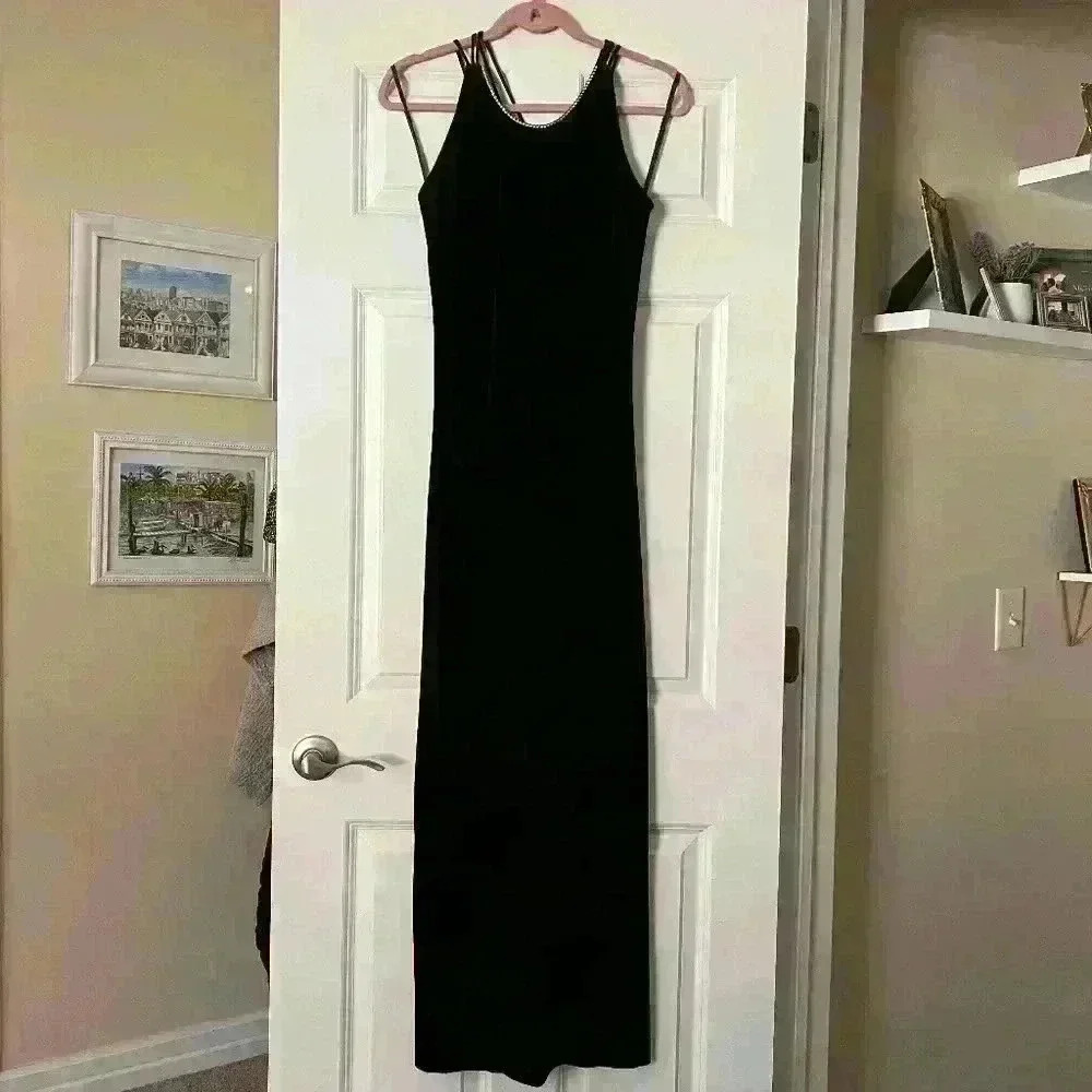 Vintage Onyx Nite Black Velvet Rhinestone Cocktail Evening Dress